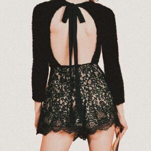 For Love & Lemons Knitz Francoise Fuzzy Lace Romper – Black Open Back Bow S